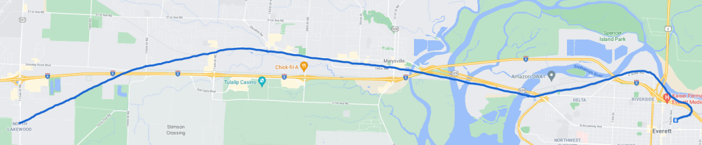 The BNSF/Amtrak route runs almost entirely parallel to SR-99 and right through the middle of Marysville.