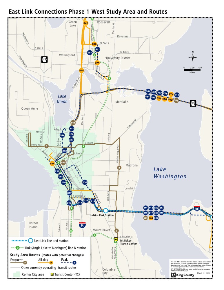 Routes in Seattle that part of the bus restructure study area. (King County)