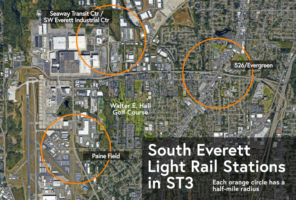 Context and possible station locations that would dot the Southwest Everett Industrial Center detour.