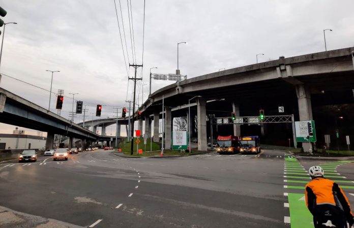 viaducts shunt traffic off the West Seattle high and low bridge in Youngstown.