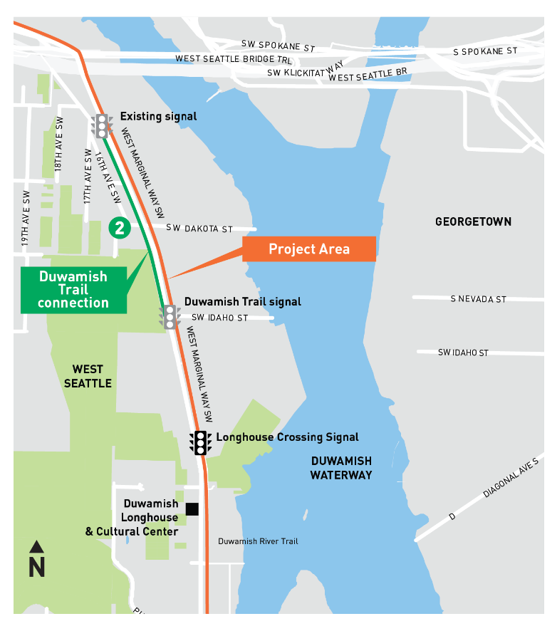 Map of planned protected bike lane project between S Idaho Street and the West Seattle Bridge. The map indicates the placement of a Duwamish Trail signal at the intersection of SW Idaho Street and West Marginal Way and the placement of the existing signal located slightly south of the bridge, where 16th and 17th Avenue SW converge with W. Marginal Way. 