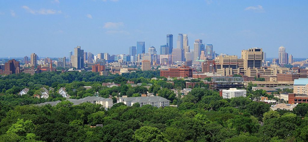 Minneapolis skyline seen form Prospect Park Water Tower. (Courtesy of Michael Hicks)