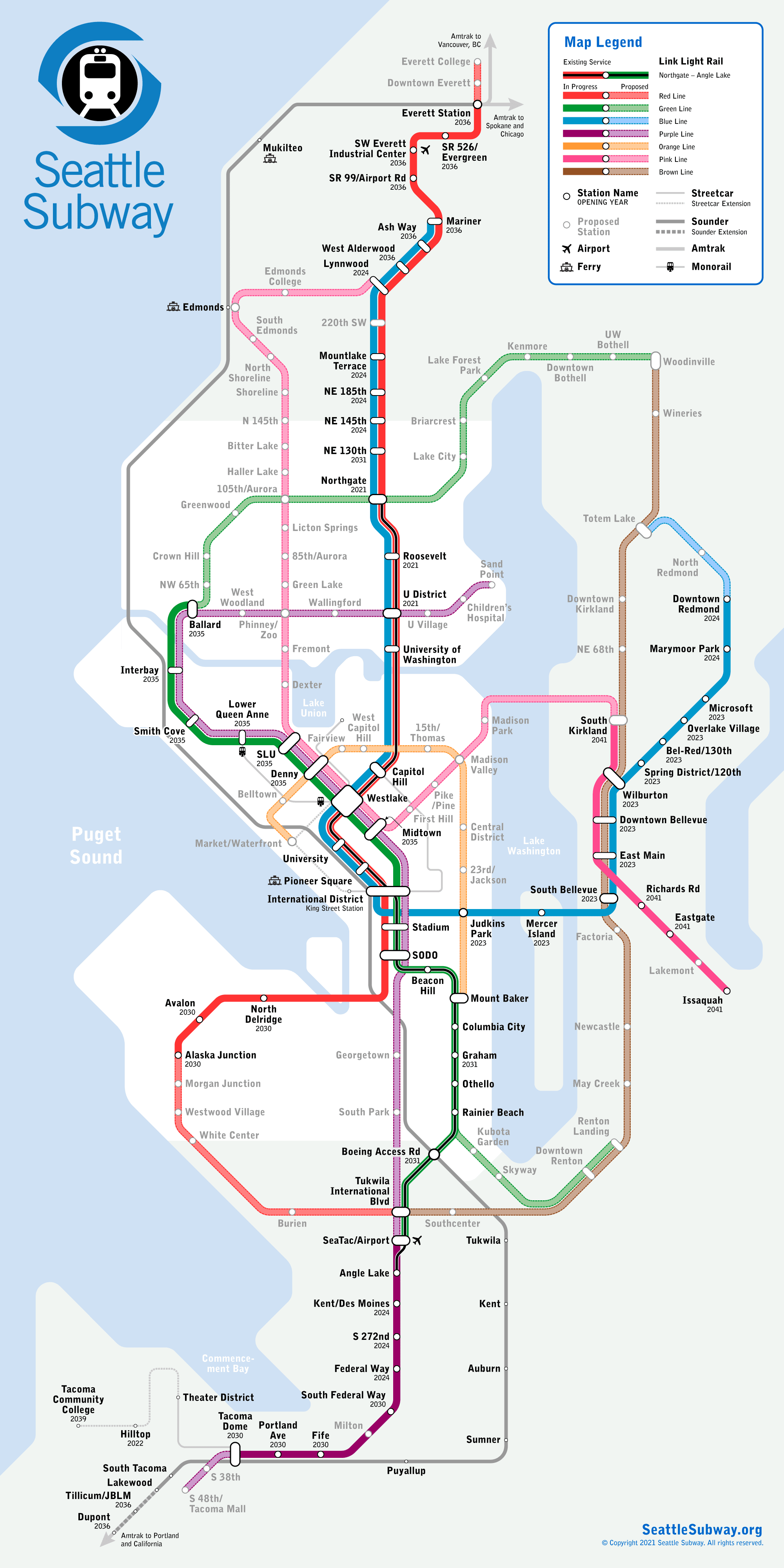 Seattle Subway’s 2021 Map Upgrades Light Rail Connections in Renton