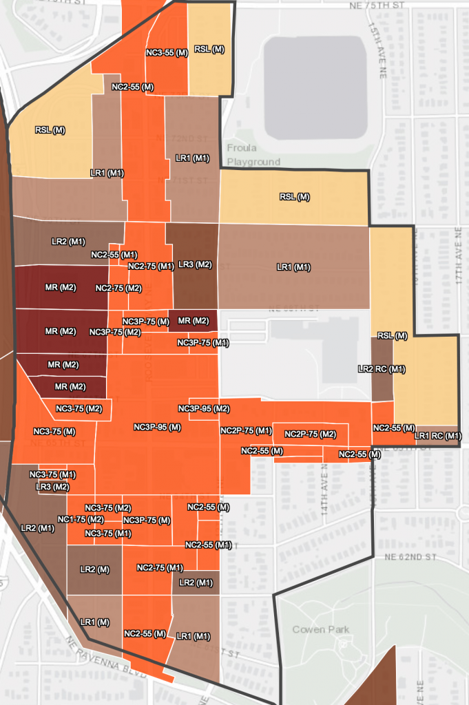 The zoning map of the Roosevelt Urban Village, notice all the low density zoning it it. Outside the solid perimeter line is single family zoning for the most part