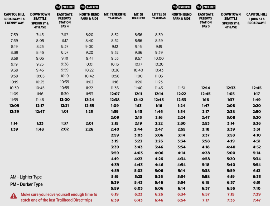 Trailhead Direct timetable for the Mount Si route. (King County)