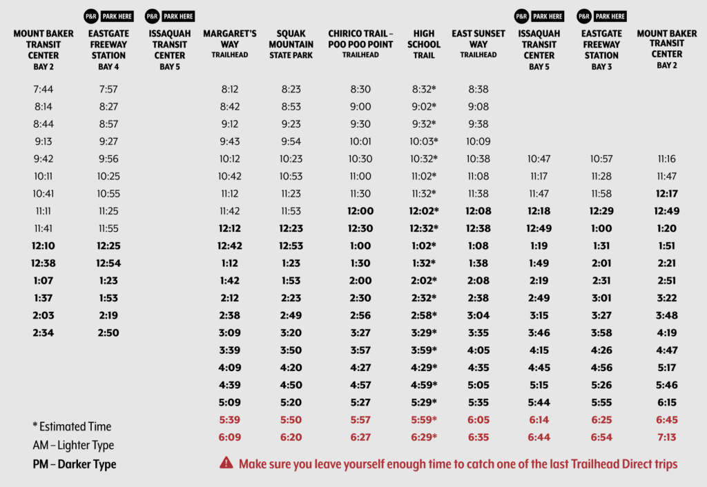 Trailhead Direct timetable for the Issaquah Alps route. (King County)