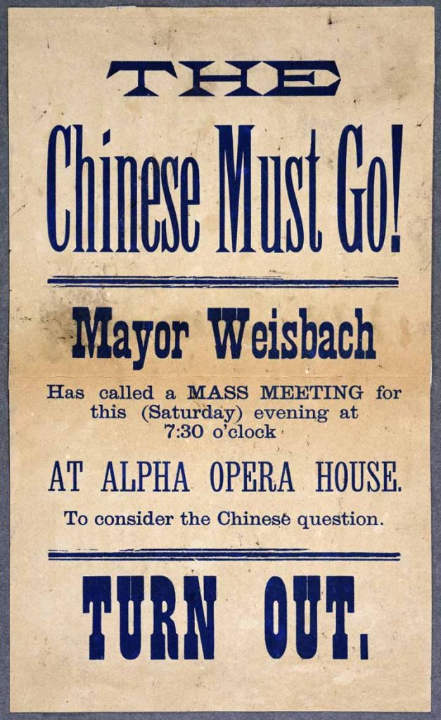 Broadside informing public of Anti-Chinese meeting at the Alpha Opera House with "The Chinese must go!" as the headline and Tacoma "Mayor Weisbach has called a MASS MEETING for this (Saturday_ evening at 7:30 o'clock" below.