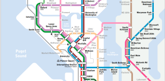 A map of the Seattle Subway's vision map of a light rail system made of seven lines that would cover much of the city.