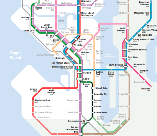 Seattle Subway’s 2021 Map Upgrades Light Rail Connections in Renton, Lynnwood, and Kirkland A map of the Seattle Subway's vision map of a light rail system made of seven lines that would cover much of the city.