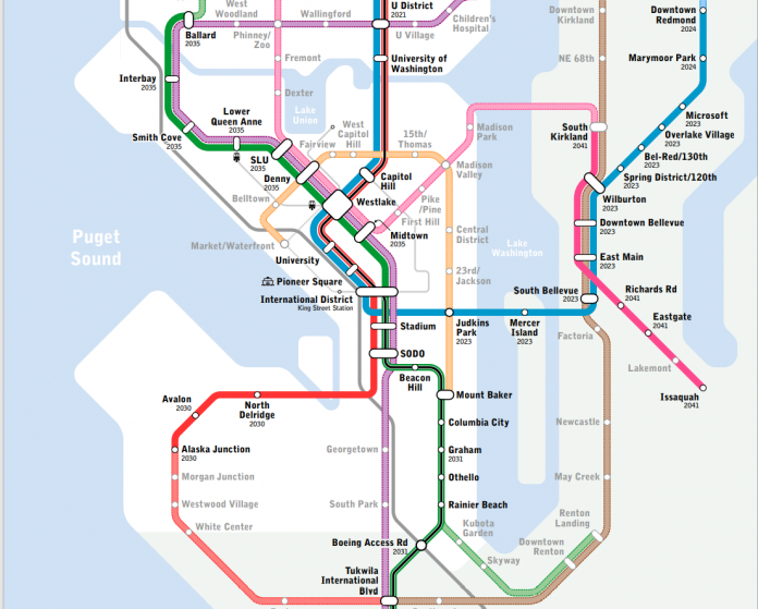A map of the Seattle Subway's vision map of a light rail system made of seven lines that would cover much of the city.