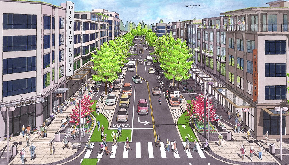 A drawing shows a block with five story buildings by a street with ample street trees and protected bike lanes.