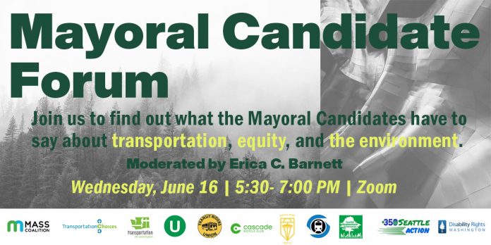 Mayoral candidate forum hosted by MASS and allies on June 16th 5:30pm to 7:00pm. Image: forest fire and logos of sponsors.