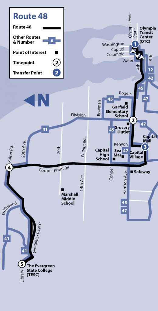 The path of Route 48 from Evergreen State College and Downtown Olympia. (Intercity Transit)