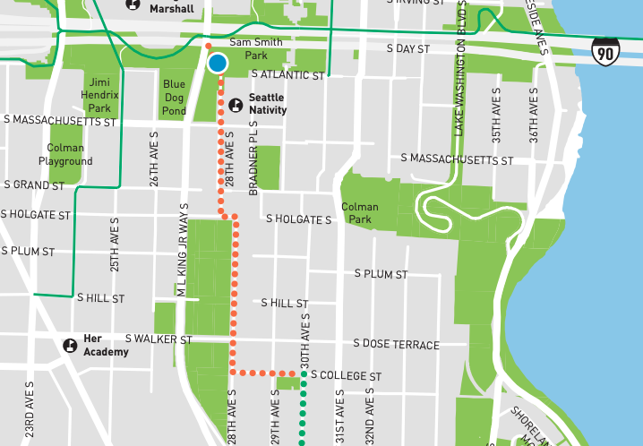 A map showing the gap between 30th and College and 28th and I-90