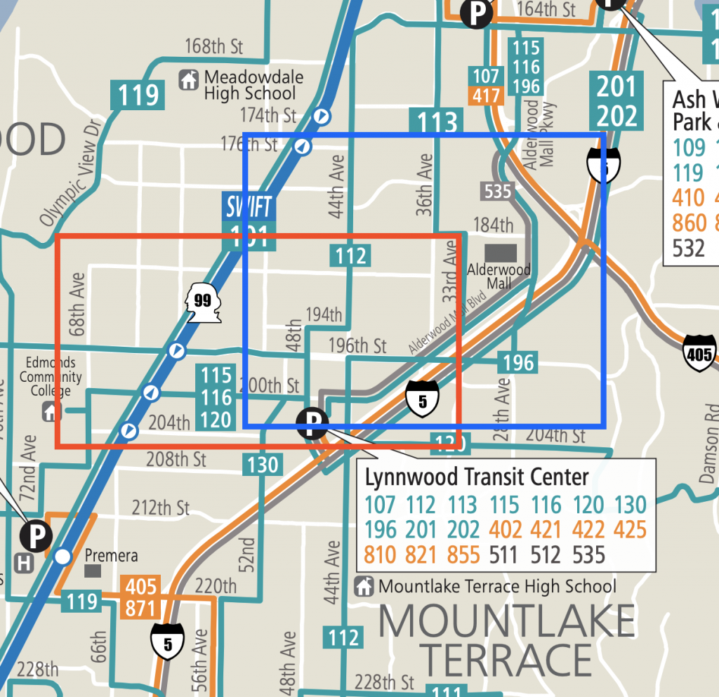 System map showing existing Community Transit bus routes. Blue area is Alderwood and red area is the 188th St W/68th Ave W corridor. (Community Transit)