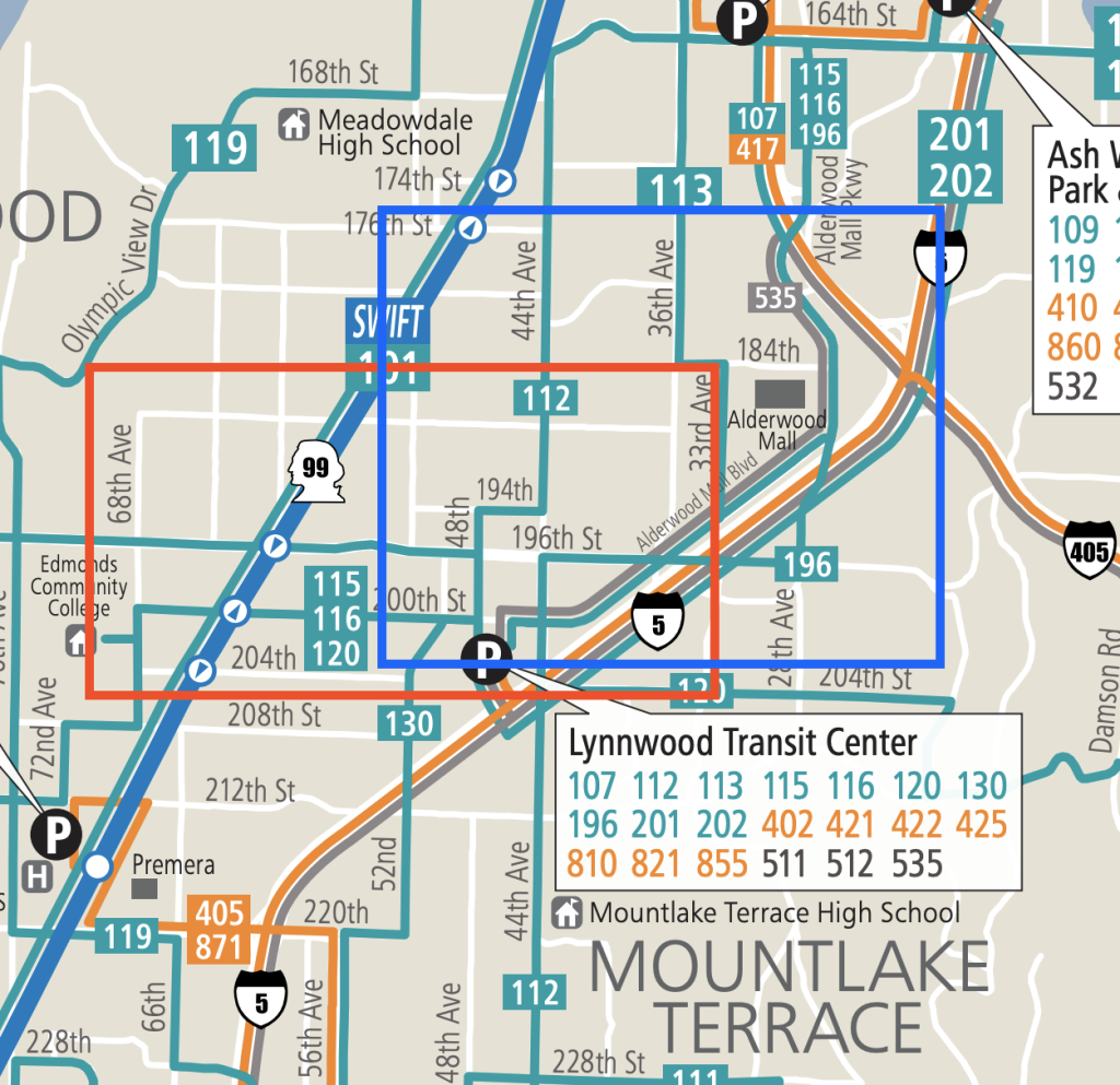 System map showing existing Community Transit bus routes. Blue area is Alderwood and red area is the 188th St W/68th Ave W corridor. (Community Transit)