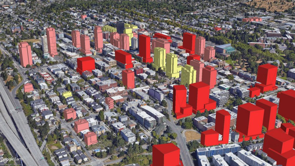 An aerial map should dozens of 20-story towers rising in the U District.