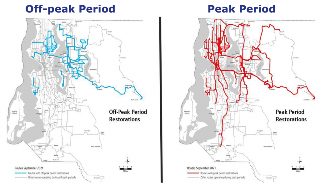 Where fall service restorations are planned in October (note the September notation is erroneous) on routes during peak and off-peak periods. (King County)