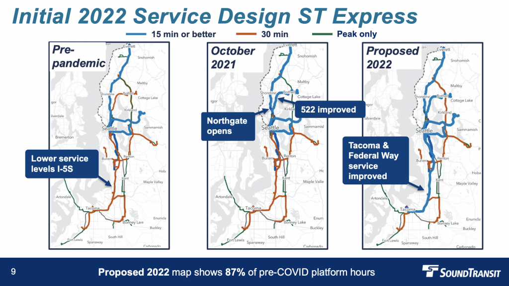 Service frequency oof the Sound Transit ST Express bus network pre-pandemic, October 2021, and in 2022. (Sound Transit)