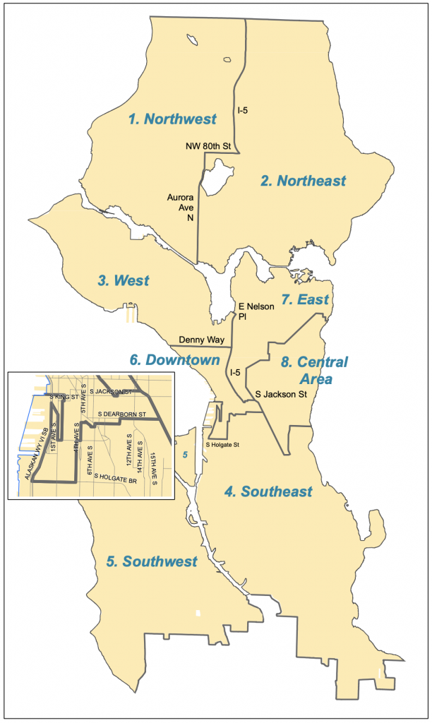 A map of the eight geographic districts represented by Seattle’s Design Review Boards. (Credit: City of Seattle Department of Construction and Inspections)