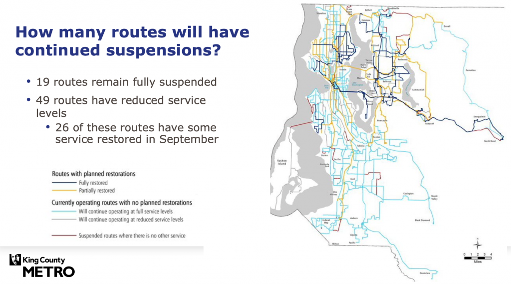 Routes that are suspended fully or partially and may be fully or partially restored in the fall. (King County)