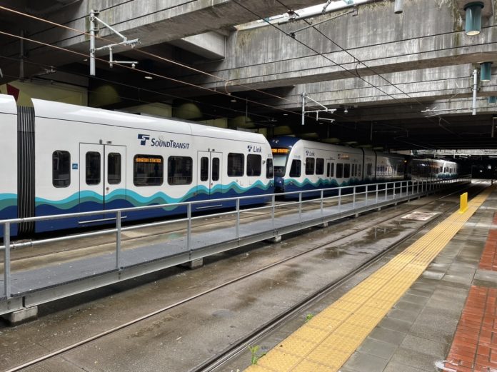 Sound Transit Link light rails at the Chinatown/International District Station