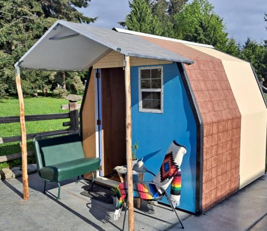 New Designs Expand Possibilities for Tiny Houses as Emergency Shelter A view of a tiny house creation with a front porch from LiteHouse Shelters.