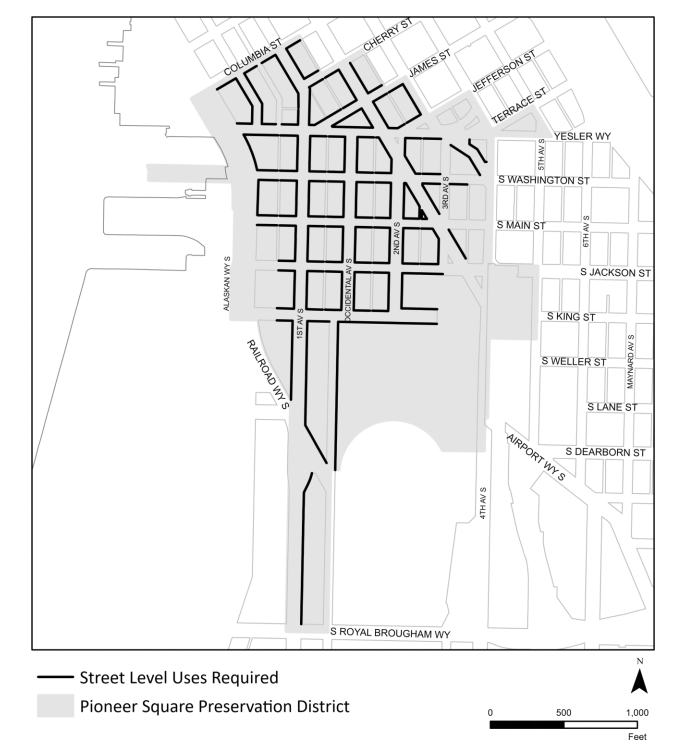 Most of Pioneer Square (south of Columbia St and west of 4th Avenue) requires street-level uses.