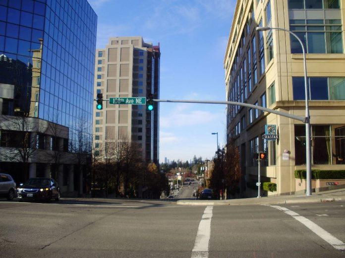 A crosswalk in Downtown Bellevue.