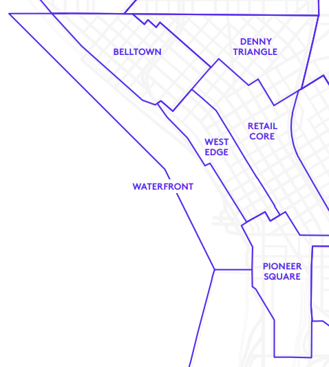 Map shows Belltown, Denny Triangle, Retail Core, Pioneer Square, West Edge, and the Waterfront.