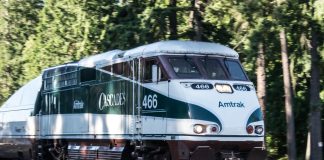 A photo of an Amtrak Cascades locomotive car surrounded by forest.