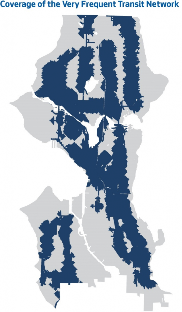 Walkshed maps shows wide frequent transit coverage in the central core, the Rainier Valley, Delridge, Junction, the Aurora corridor Lake City, Roosevelt, and from Ballard to the U District.