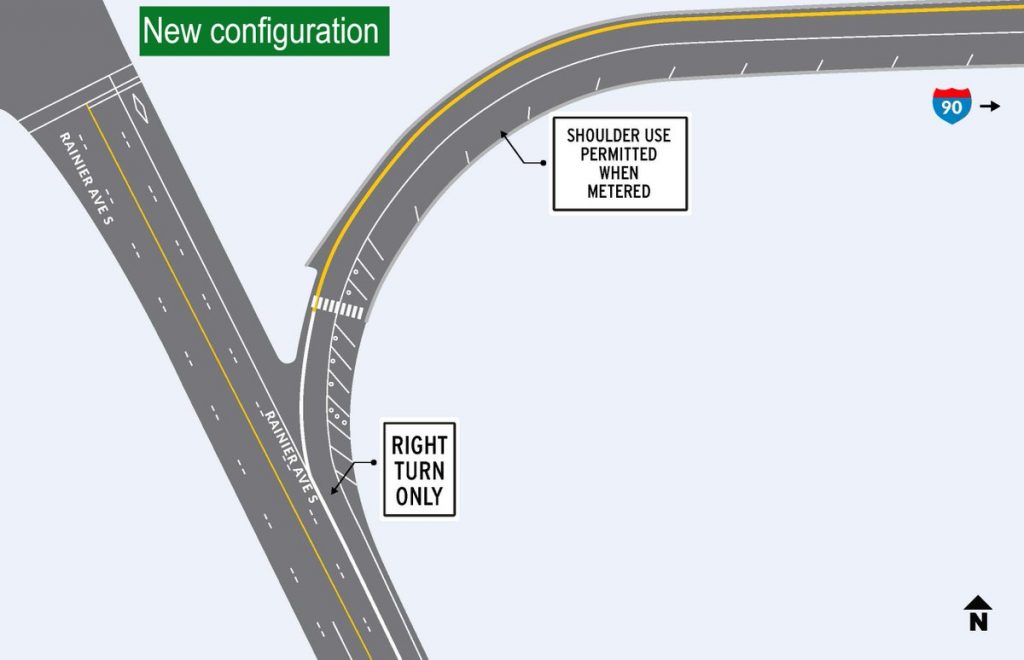 The new street configuration shows one right turn only lane from Rainier Avenue S to the I-90 on-rap. The former second lane is striped and signed with "shoulder use permitted when metered" and a crosswalk is added across the on-ramp Rainier Avenue is five lanes across with the turn lane, which switches to a bus lane after the fork.