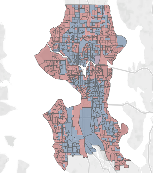 Harrell dominated along the cost and in much of West Seattle and Northeast Seattle. González did well in denser areas.