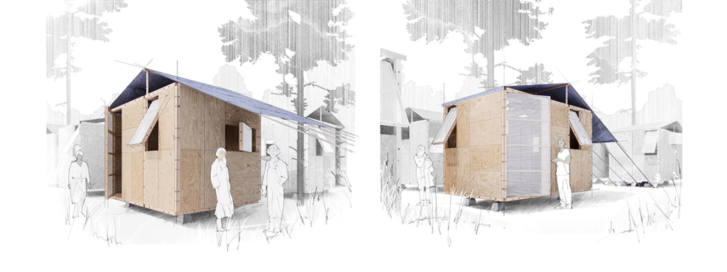 A rendering of Olsen Kundig's portable tiny house shows a simple wooden box structure on stilts with pop open window on each side, a large glass front door, and a overhanging slanted roof fastened to the ground to create a covered patio space on the side.