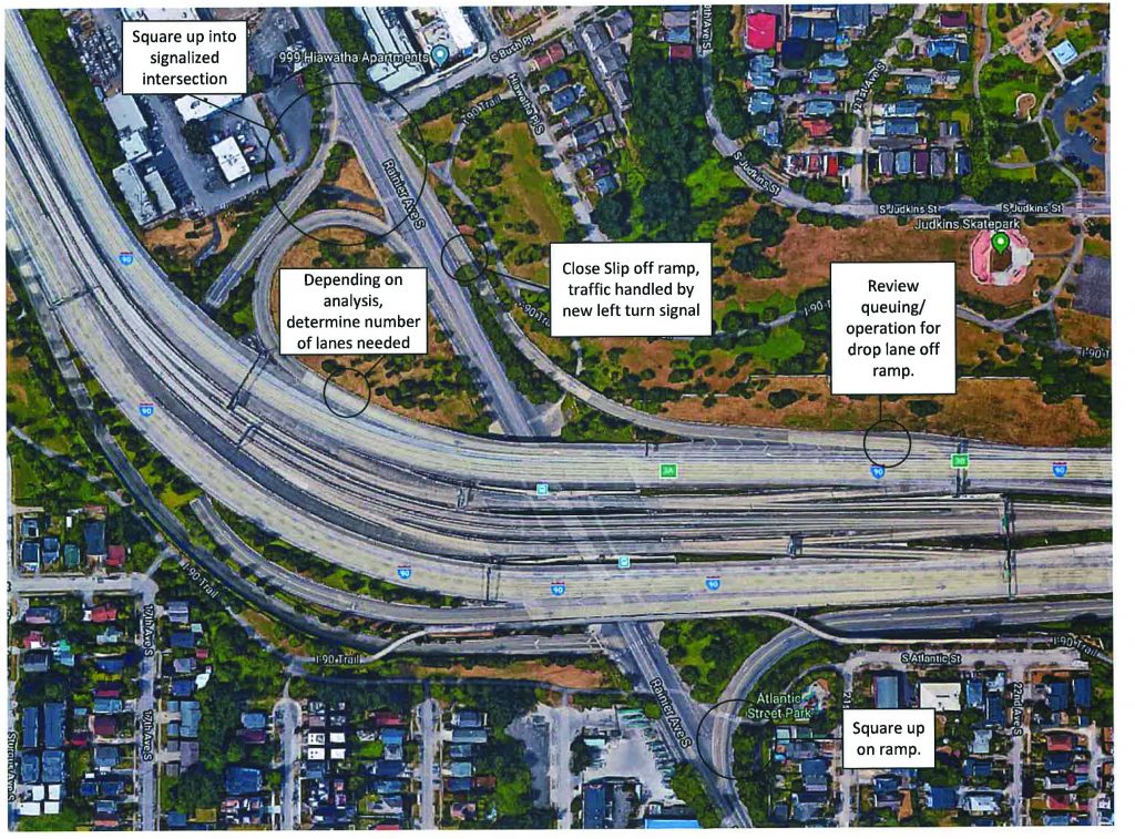 A satellite image is labeled with some possible changes or study items such as squaring up on ramps and intersections and determining if fewer lanes would work on the interchanges.