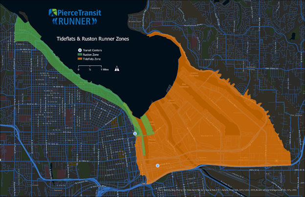 Green is the Ruston Runner service area and orange is the Tideflats Runner service area. (Pierce Transit)