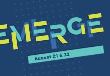 Reconnect with Community at the 2021 Seattle Design Festival An "Emerge" graphic with playful font on a dark blue background.