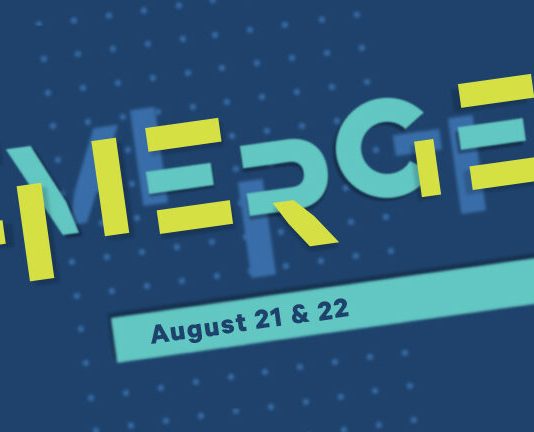 Reconnect with Community at the 2021 Seattle Design Festival An "Emerge" graphic with playful font on a dark blue background.