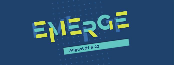 SDF_2021Emerge_1152x432_alt-1152x432 An "Emerge" graphic with playful font on a dark blue background.