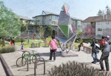 New Parks Move Forward in Lake City, North Rainier, and Little Saigon The rendering shows how the future park in Lake City will connect to the street with sidewalk, plantings, and bike parking. It also possible see people enjoying important future park elements such as bench seating, a large outdoor sculpture, basketball courts, and a children's play area.