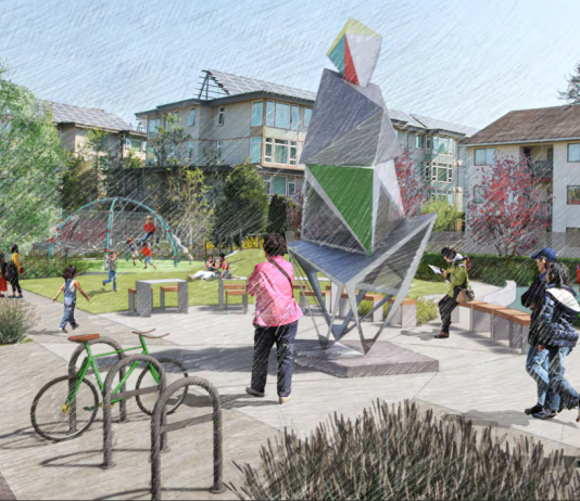 New Parks Move Forward in Lake City, North Rainier, and Little Saigon The rendering shows how the future park in Lake City will connect to the street with sidewalk, plantings, and bike parking. It also possible see people enjoying important future park elements such as bench seating, a large outdoor sculpture, basketball courts, and a children's play area.
