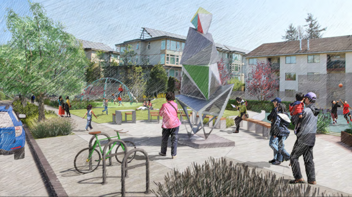 The rendering shows how the future park in Lake City will connect to the street with sidewalk, plantings, and bike parking. It also possible see people enjoying important future park elements such as bench seating, a large outdoor sculpture, basketball courts, and a children's play area.