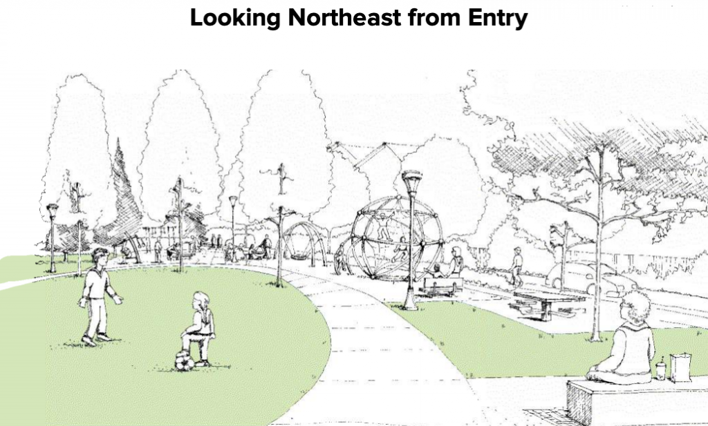 A drawing shows a potential view from the North East entry where it is possible to observe children playing soccer in the central lawn,  person seated on a bench eating, and families playing near a climbing structure and other play equipment. 