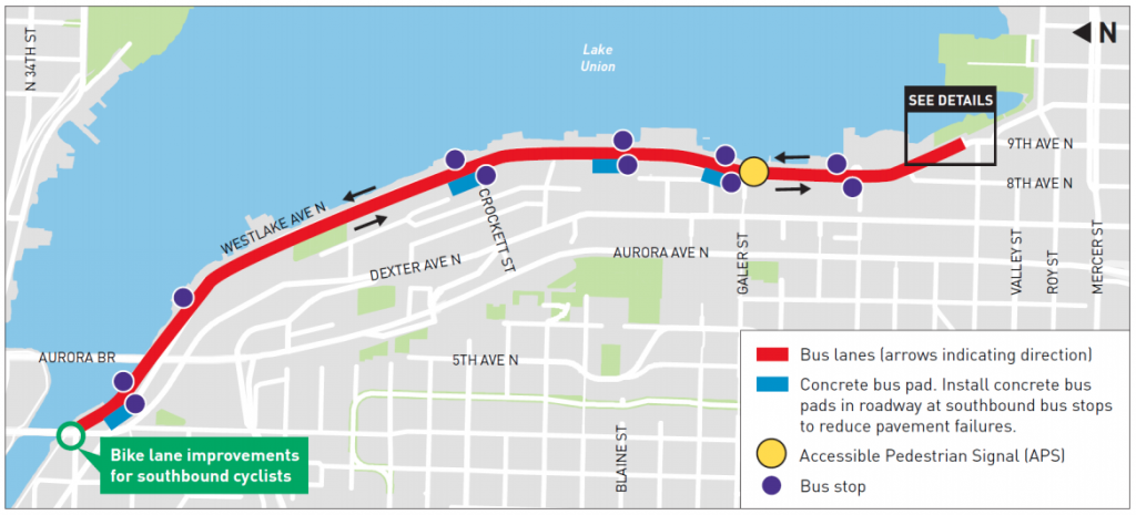 A maps shows Westlake Avenue North between Valley Street and the Aurora Bridge where bus lanes will be added for route 40. 