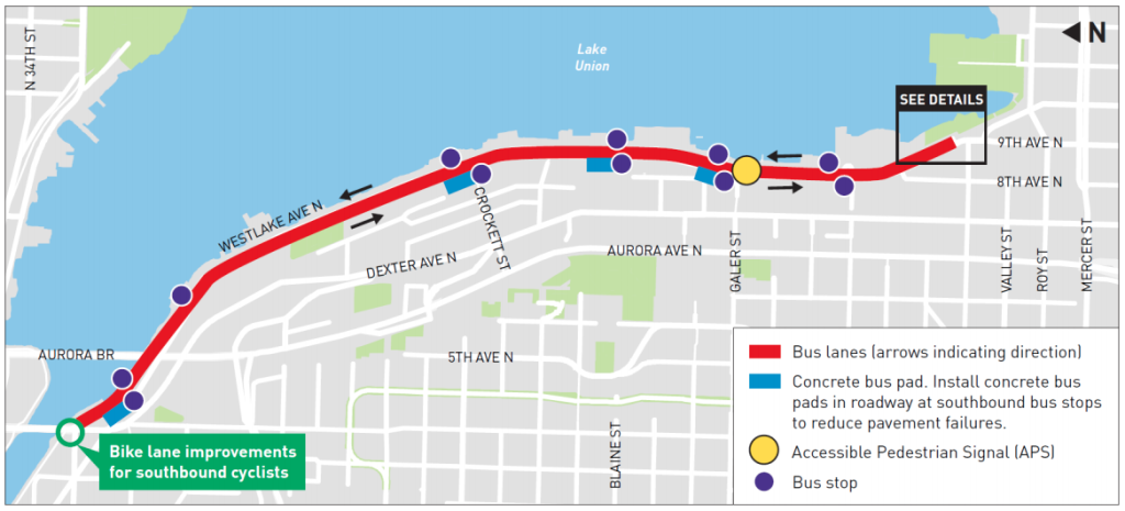 A maps shows Westlake Avenue North between Valley Street and the Aurora Bridge where bus lanes will be added for route 40. 