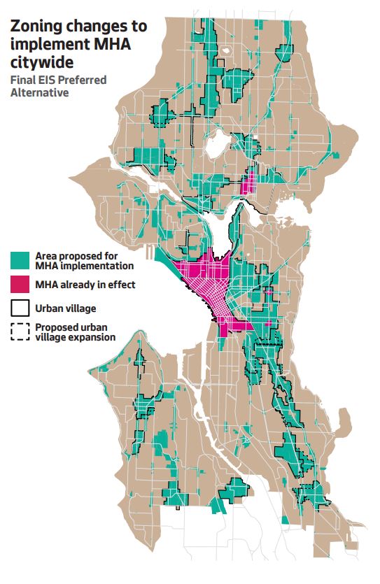 The map shows where Mandatory Housing Affordability rezones were implemented in 2019 in mutlfamily zones across the city. The Downtown core and University District were rezoned earlier in 2017.