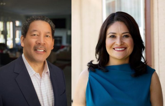 Seattle Mayor race 2021 (1) Harrell is in a dark blazer and González a blue top.
