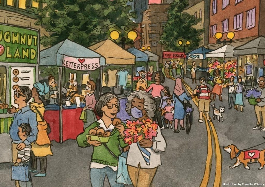 A drawing depicting a Downtown Seattle Night Market Art with shoppers, diners, and people walking with their dogs among the booths. 