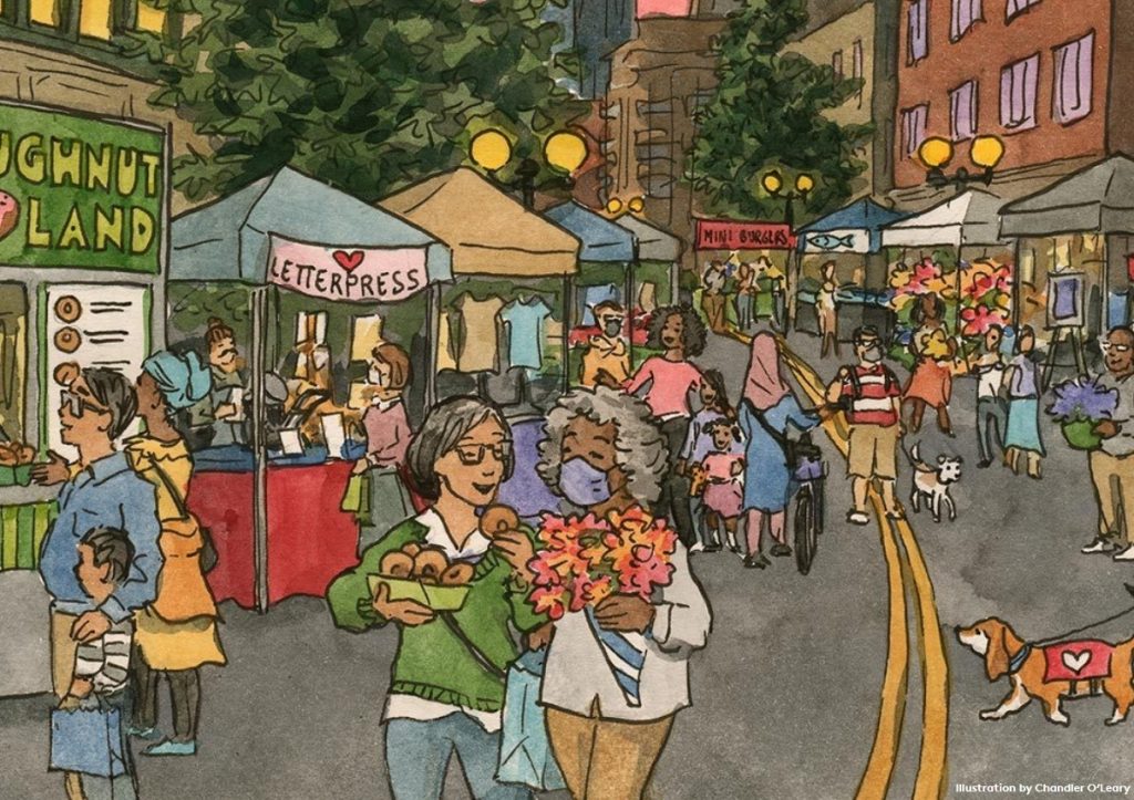 A drawing depicting a Downtown Seattle Night Market Art with shoppers, diners, and people walking with their dogs among the booths. 